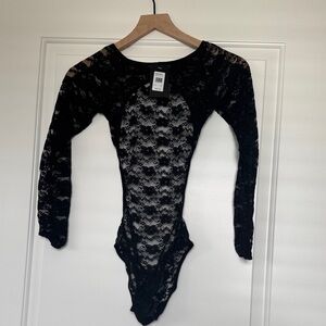 Frederick's of Hollywood Black Sheer Margarita Lace Long-Sleeve Teddy Bodysuit